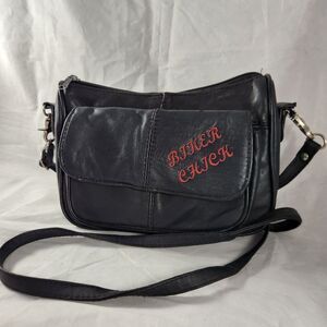 Small Black Embroidered "Biker Chick" Soft Lambskin Leather Crossbody Bag